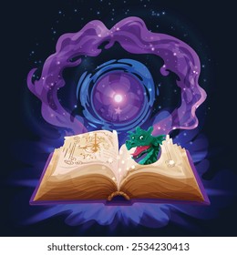 Spell book cast. Magic witchcraft open spell book with torn pages game icon for menu GUI, fantasy colorful grimoire with sparkling magic spell. Vector illustration. Educational mystic literature