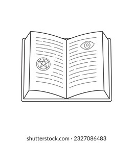 Spell book icon. Cartoon illustration of an open magic book decorated with mystery symbols isolated on a white background. Vector 10 EPS.