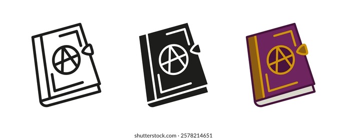 Spell book icon. Magic book vector illustration. Alchemist mystery manual symbol. Occult witchcraft fantasy book sign. Sorcerer, witch. warlock and wizard pictogram. Magician grimoire or necronomicon.