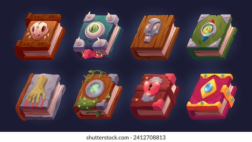 Spell book. Magic stuff for wizards exact vector fairy tale books for game design gui