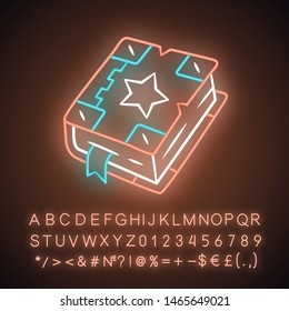Spell book neon light icon. Glowing sign with alphabet, numbers and symbol. Black magic old spellbook. Witchcraft & sorcery ancient item. Antique grimoire. Fairytale book. Vector isolated illustration