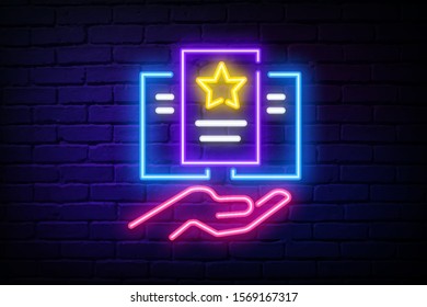 Spell book neon light icon. Glowing sign with hand. Black magic old spellbook. Witchcraft & sorcery ancient item. Antique grimoire. Fairytale book. Vector isolated illustration