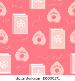 Spell book and ouija board planchette, pink seamless pattern. Witchery and spiritualism magic illustration with plastic effect.
