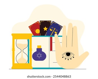 Spell book, tarot cards, hourglass, potion bottle, hand with eye symbol, mysterious and enigmatic atmosphere about fortune telling, fate and occult powers, gypsy vector illustration.