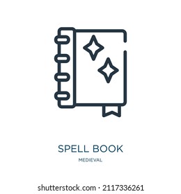 spell book thin line icon. magic, education linear icons from medieval concept isolated outline sign. Vector illustration symbol element for web design and apps.