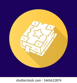Spell book yellow flat design long shadow glyph icon. Black magic old spellbook. Witchcraft & sorcery ancient item. Antique grimoire. Fairytale fantasy and mystery book. Vector silhouette illustration
