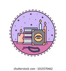 Spell books and candles. Vector illustration.