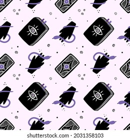 Spell books, tarot cards and hands with snakes vector seamless pattern background for magic, witchcraft, psychic reading design.
