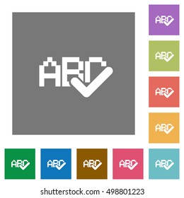 Spell check flat icon set on color square background.