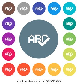 Spell check flat white icons on round color backgrounds. 17 background color variations are included.