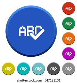 Spell check round color beveled buttons with smooth surfaces and flat white icons
