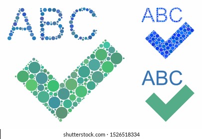 Spell checking composition for spell checking icon of small circles in various sizes and color hues. Vector small circles are organized into blue collage.