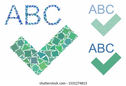Spell checking composition of uneven parts in different sizes and color tinges, based on spell checking icon. Vector uneven elements are united into composition.