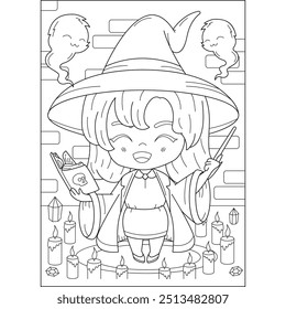 spell kawaii witch halloween coloring book page for kids and adults creative coloring mindful relaxation activity