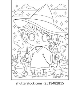 spell kawaii witch halloween coloring book page for kids and adults creative coloring mindful relaxation activity