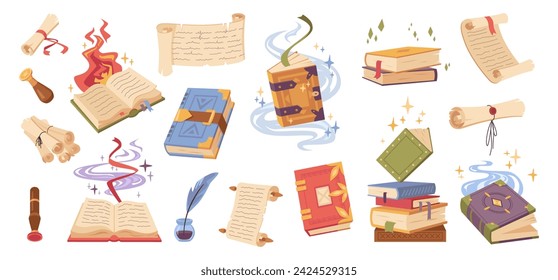 Spell magic books, isolated scrolls and manuscripts for sorcerers and witches. Vector flat cartoon style, old fantasy volumes with seals and decor, bookmarks and sparkles. Wizard or witch grimoires