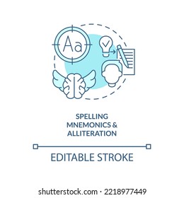 Spell Mnemonics, Alliteration Concept Turquoise Icon. Verbal Memory. Brain Exercise Abstract Idea Thin Line Illustration. Isolated Outline Drawing. Editable Stroke. Arial, Myriad Pro-Bold Fonts Used