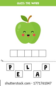 Spell the word apple. Vector illustration of cute cartoon green apple on white background. Educational worksheet for kids. Learning to read for preschoolers.