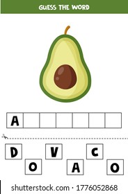 Sprich das Wort avocado. Erziehungsspiel für Kinder. Arbeitsblatt für Kinder. Lesen und Schreiben lernen. Briefe, die üben.