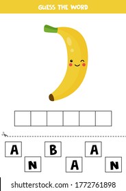 Spell the word banana. Vector illustration of cute cartoon yellow banana on white background. Educational worksheet for kids. Learning to read for preschoolers.