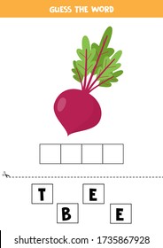 Spell the word beet. Cartoon vector beetroot. Educational worksheet for kids. English grammar game. Learning to write and to read.