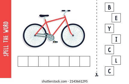 Spell la palabra bicicleta y el concepto ortográfico para niños ilustración vectorial plana.
