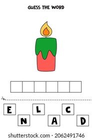 Spell the word candle. Vector illustration of red Christmas candle. Spelling game for kids. 