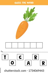 Zaubere das Wort Karotte. Lernspiel für Kinder. Englische Grammatik-Tabelle. Wortpuzzle für Kinder.