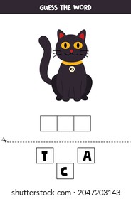 Spell The Word Cat. Vector Illustration Of Black Cat. Spelling Game For Kids. 