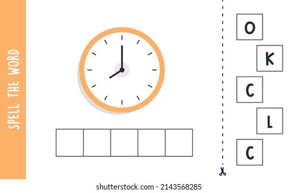 Spell the word clock and spelling concept for kids flat vector illustration.
