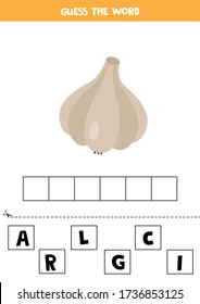 Spell the word. Cute cartoon garlic on white background. Educational game for kids. Worksheet for children. Learning to read and write.