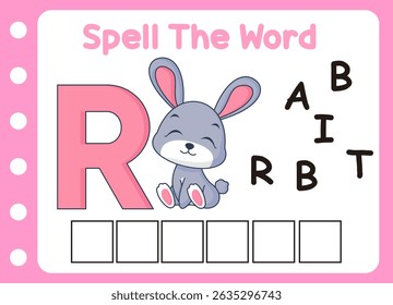 spell the word of cute rabbit  . cute little quail with letter of R  