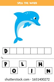 Spell the word dolphin. Educational and logical game for kids. Printable worksheet.