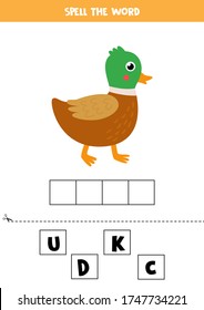 Spell the word duck. Educational spelling game for kids. Learning to read. Cute cartoon green and brown duck.
