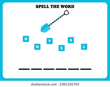 Spell the word. Educational spelling game for kindergarten or elementary students. Printable worksheet design for kids. Learning english vocabulary. Simple vector illustration of a shovel.
