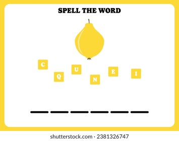 Spell the word. Educational spelling game for kindergarten or elementary students. Printable worksheet design for kids. Learning english vocabulary. Simple vector illustration of a quince.