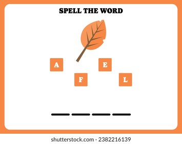Spell the word. Educational spelling game for kindergarten or elementary students. Printable worksheet design for kids. Learning english vocabulary. Simple vector illustration of a leaf.