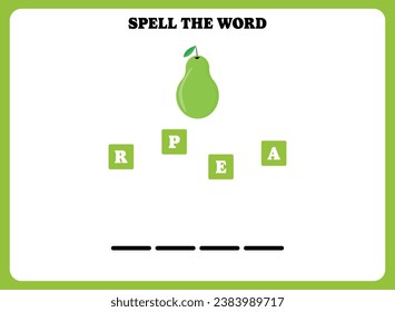 Spell the word. Educational spelling game for kindergarten or elementary students. Printable worksheet design for kids. Learning english vocabulary. Simple vector illustration of a pear.
