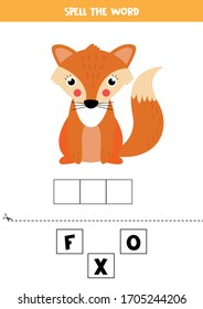 Spell the word fox. Educational game for kids. English grammar puzzle.