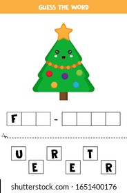 Spell the word fur tree. Educational and logical game for kids. Cute cartoon Christmas tree.