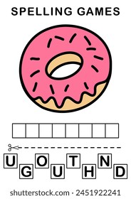 Spell the word. illustration of doughnut or donut. Spelling game for kids. Education worksheet Printable A4 size	