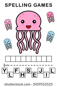 Spell the word. illustration of jellyfish. Spelling game for kids. Education worksheet Printable A4 size