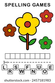 Spell the word. illustration of sunflower. Spelling game for kids. Education worksheet Printable A4 size