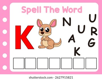 spell the word of kangaroo . cute little fox with letter of k  