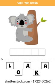 Spell the word koala by letters. Cute happy gray koala on tree. Cut and glue game. Educational grammar game for kids. 