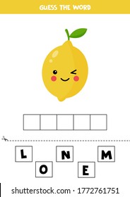 Spell the word lemon. Vector illustration of cute cartoon yellow lemon on white background. Educational worksheet for kids. Learning to read for preschoolers.