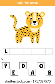 Spell the word leopard. Educational grammar game for children. Cute cartoon spotted leopard. Cut letters and glue them.