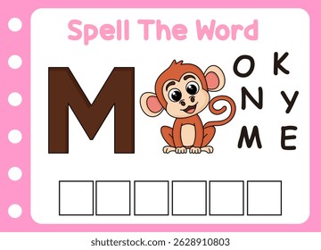 spell the word of monkey  . cute little lion with letter of m  