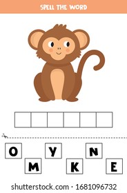 Spell the word monkey. Printable educational game for children.