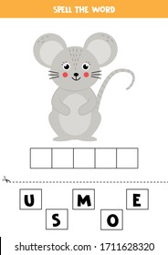 Escribe la palabra ratón. Juego de gramática educativa para los niños. Ratón gris de caricatura.
